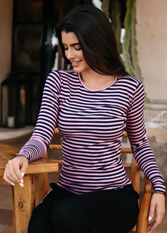 NATALIA LS ROUND NECK BLOUSE - NAVY PINK STRIPE